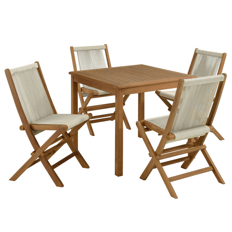 Vienna 5-Piece Outdoor Patio Teak Wood Dining Set with Rope Folding Chairs - Natural Natural