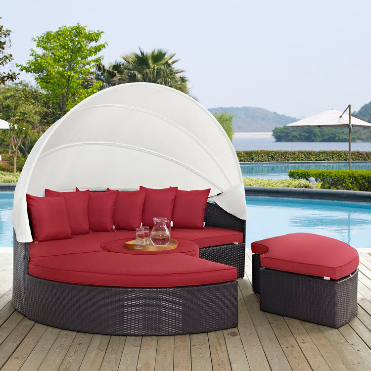 Convene Outdoor Patio Wicker Rattan Canopy Sectional Daybed - Espresso Red