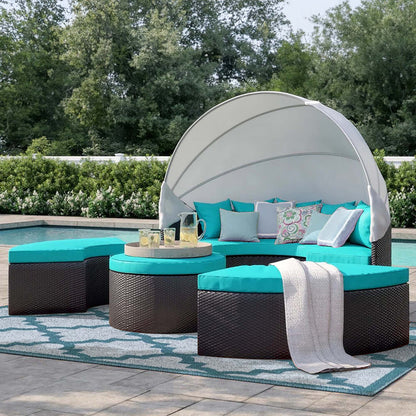 Convene Outdoor Patio Wicker Rattan Canopy Sectional Daybed - Espresso Turquoise