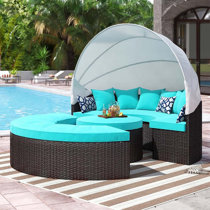 Convene Outdoor Patio Wicker Rattan Canopy Sectional Daybed - Espresso Turquoise
