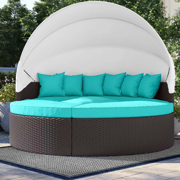 Convene Outdoor Patio Wicker Rattan Canopy Sectional Daybed - Espresso Turquoise