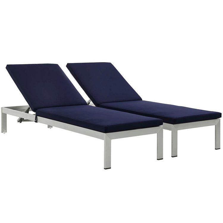 Shore Outdoor Patio Aluminum Chaise with Cushions Set of 2 - Silver Navy