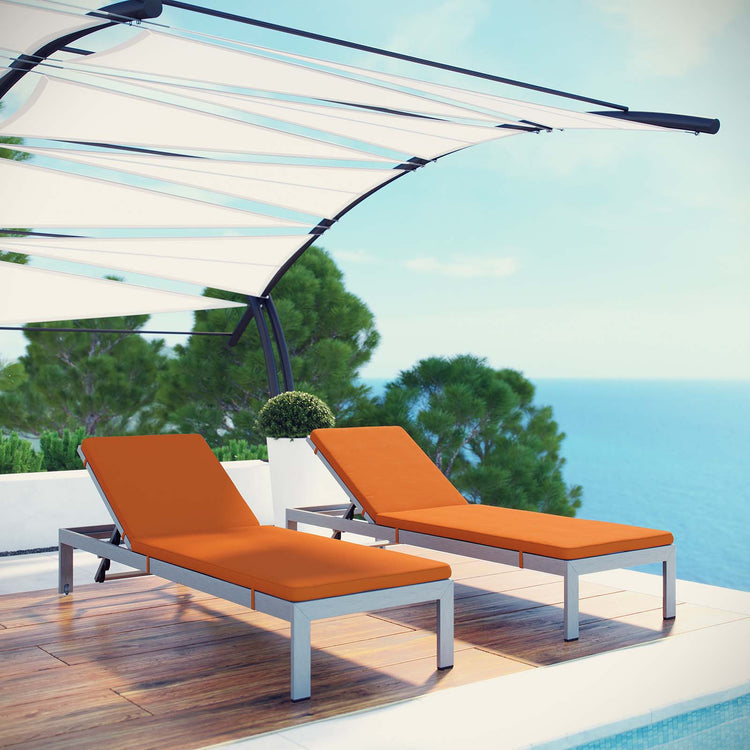 Shore Outdoor Patio Aluminum Chaise with Cushions Set of 2 - Silver Orange