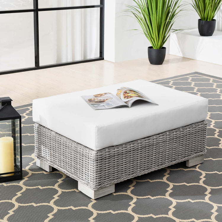 Conway Outdoor Patio Wicker Rattan Ottoman - Light Gray White