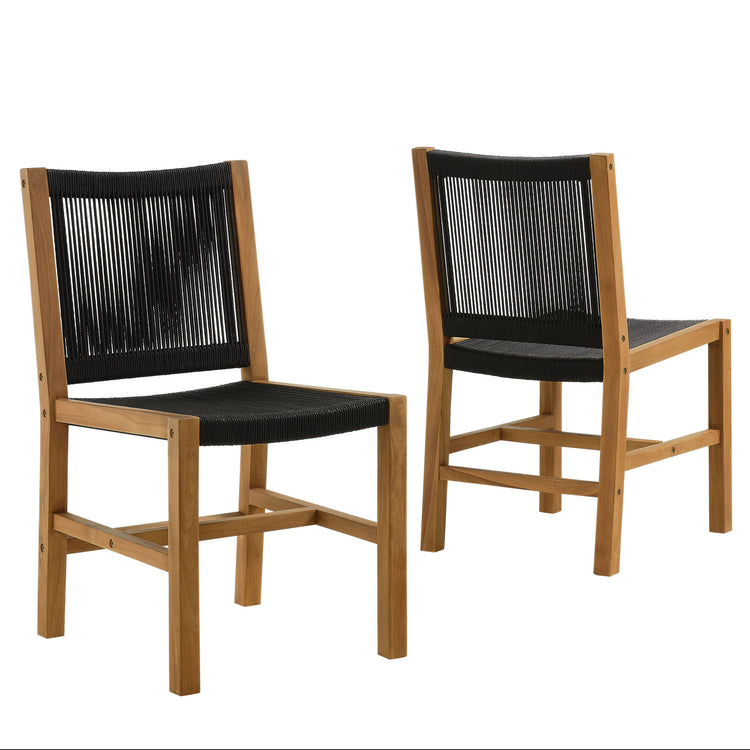 Vienna Outdoor Patio Teak and Rope Armless Dining Chairs Set of 2 - Natural Black