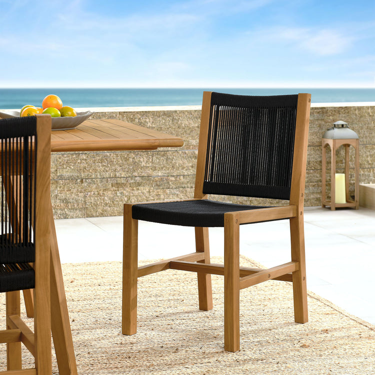 Vienna Outdoor Patio Teak and Rope Armless Dining Chairs Set of 2 - Natural Black