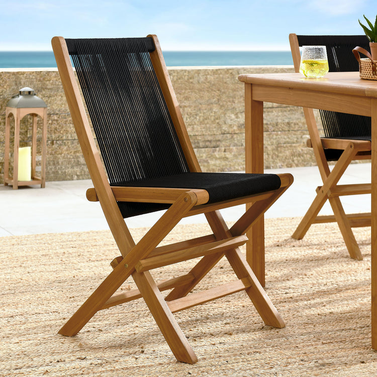 Vienna Outdoor Patio Teak and Rope Folding Chairs Set of 4 - Natural Black