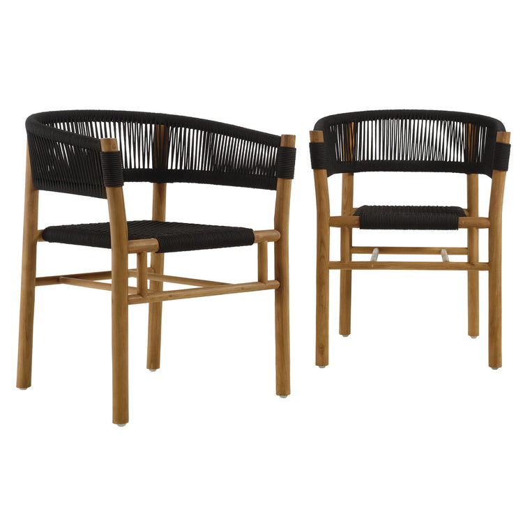 Vienna Outdoor Patio Teak and Rope Curved-Back Dining Armchairs Set of 2 - Natural Black