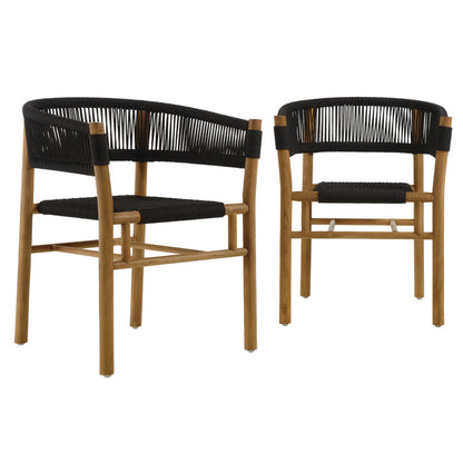 Vienna Outdoor Patio Teak and Rope Curved-Back Dining Armchairs Set of 2 - Natural Black