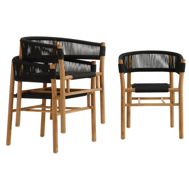 Vienna Outdoor Patio Teak and Rope Curved-Back Dining Armchairs Set of 2 - Natural Black