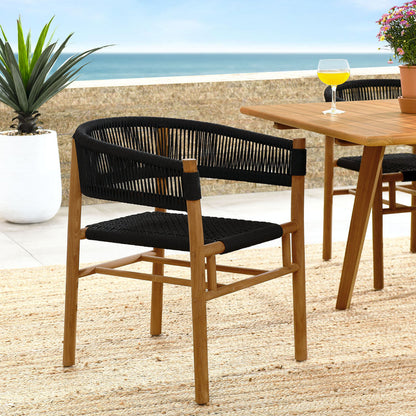 Vienna Outdoor Patio Teak and Rope Curved-Back Dining Armchairs Set of 2 - Natural Black