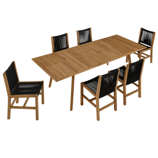 Vienna 7-Piece Outdoor Patio Teak and Rope Dining Set with Armless Chairs - Natural Black