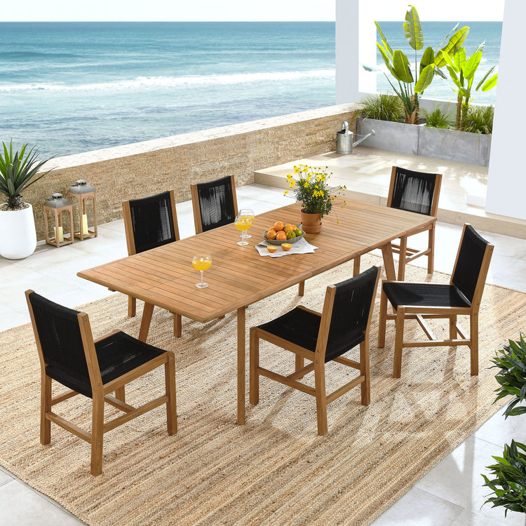 Vienna 7-Piece Outdoor Patio Teak and Rope Dining Set with Armless Chairs - Natural Black