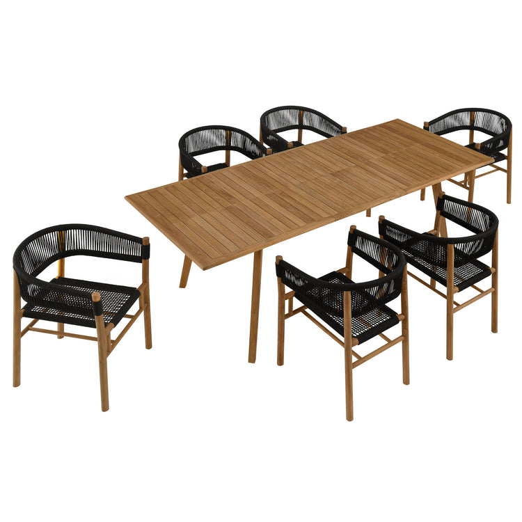 Vienna 7-Piece Outdoor Patio Teak and Rope Dining Set with Curved-Back Armchairs - Natural Black