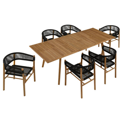 Vienna 7-Piece Outdoor Patio Teak and Rope Dining Set with Curved-Back Armchairs - Natural Black