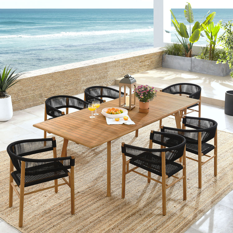 Vienna 7-Piece Outdoor Patio Teak and Rope Dining Set with Curved-Back Armchairs - Natural Black