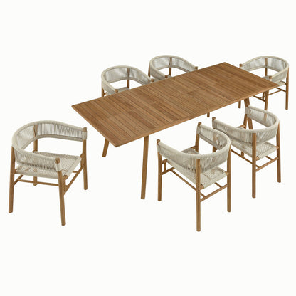 Vienna 7-Piece Outdoor Patio Teak and Rope Dining Set with Curved-Back Armchairs - Natural Natural