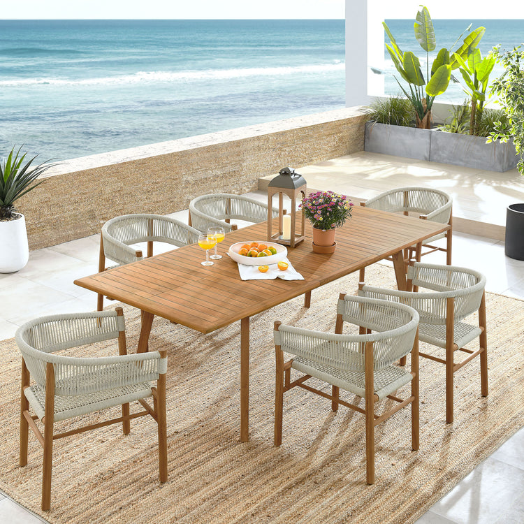 Vienna 7-Piece Outdoor Patio Teak and Rope Dining Set with Curved-Back Armchairs - Natural Natural