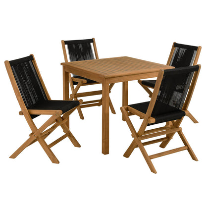 Vienna 5-Piece Outdoor Patio Teak Wood Dining Set with Rope Folding Chairs - Natural Black
