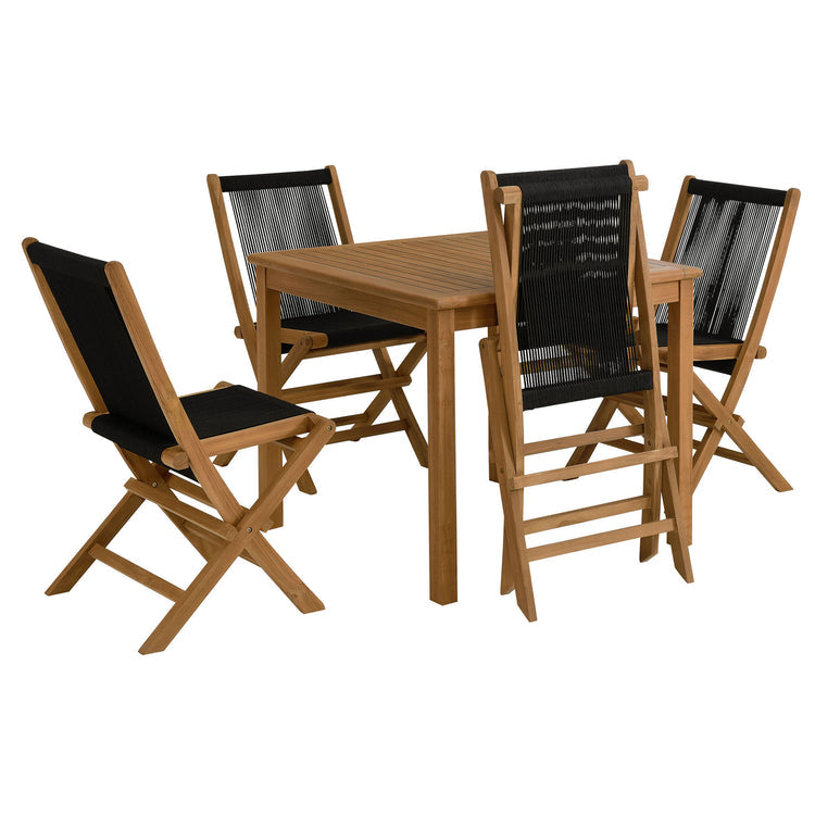 Vienna 5-Piece Outdoor Patio Teak Wood Dining Set with Rope Folding Chairs - Natural Black