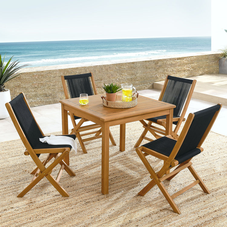 Vienna 5-Piece Outdoor Patio Teak Wood Dining Set with Rope Folding Chairs - Natural Black