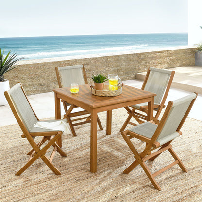 Vienna 5-Piece Outdoor Patio Teak Wood Dining Set with Rope Folding Chairs - Natural Natural