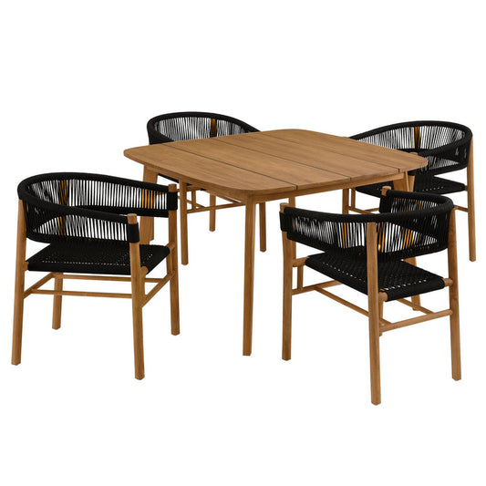 Vienna 5-Piece Outdoor Patio Teak and Rope Dining Set with Curved-Back Armchairs - Natural Black