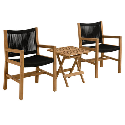 Vienna 3-Piece Outdoor Patio Teak and Rope Armchairs with Folding Side Table - Natural Black