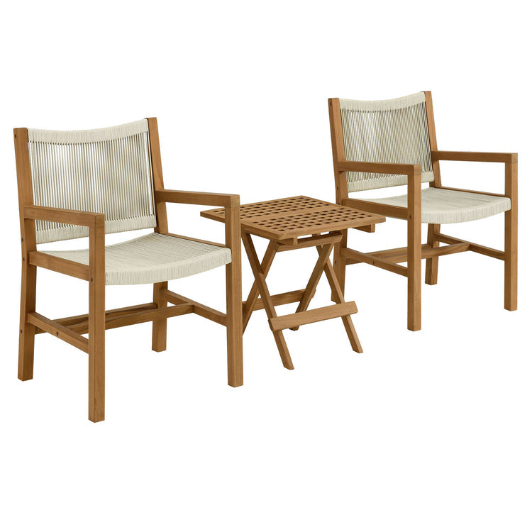 Vienna 3-Piece Outdoor Patio Teak and Rope Armchairs with Folding Side Table - Natural Natural