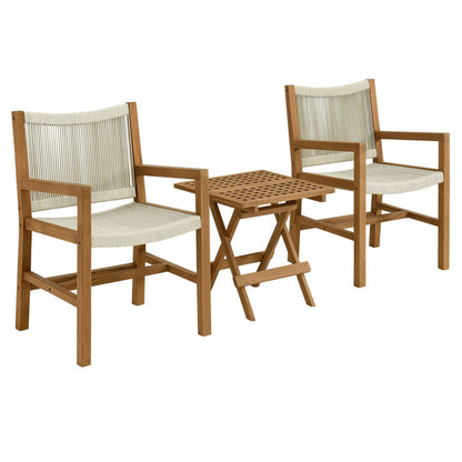 Vienna 3-Piece Outdoor Patio Teak and Rope Armchairs with Folding Side Table - Natural Natural