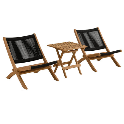 Vienna 3-Piece Outdoor Patio Teak and Rope Folding Lounge Chairs and Side Table - Natural Black