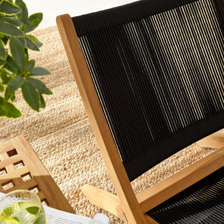 Vienna 3-Piece Outdoor Patio Teak and Rope Folding Lounge Chairs and Side Table - Natural Black