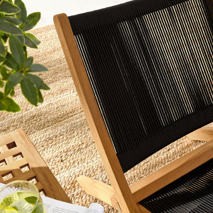 Vienna 3-Piece Outdoor Patio Teak and Rope Folding Lounge Chairs and Side Table - Natural Black