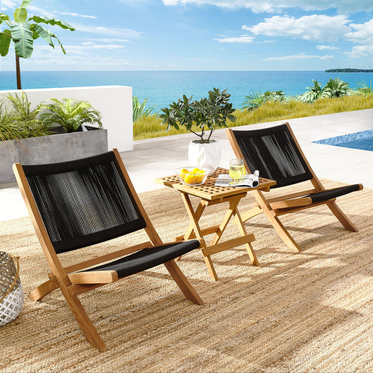 Vienna 3-Piece Outdoor Patio Teak and Rope Folding Lounge Chairs and Side Table - Natural Black