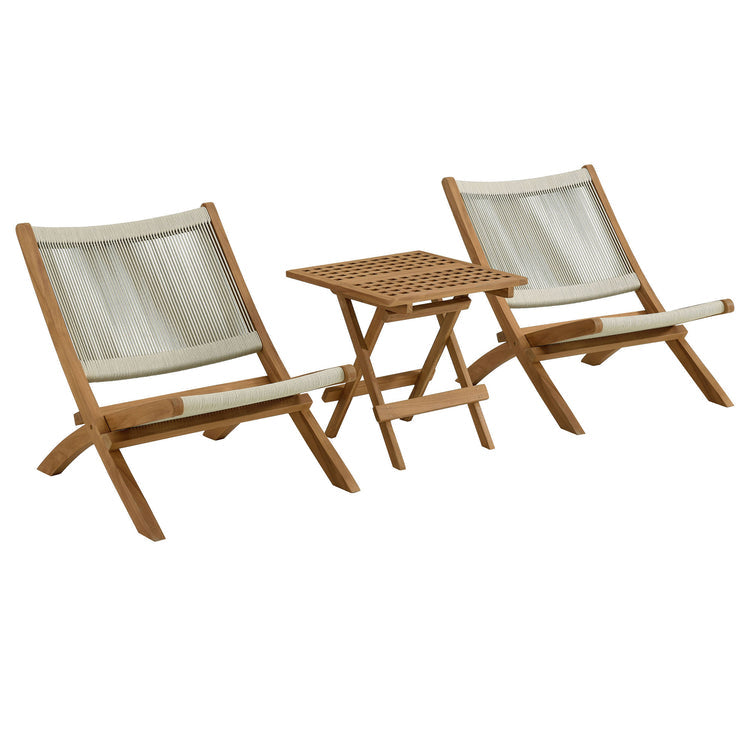 Vienna 3-Piece Outdoor Patio Teak and Rope Folding Lounge Chairs and Side Table - Natural Natural