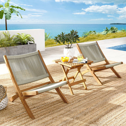 Vienna 3-Piece Outdoor Patio Teak and Rope Folding Lounge Chairs and Side Table - Natural Natural