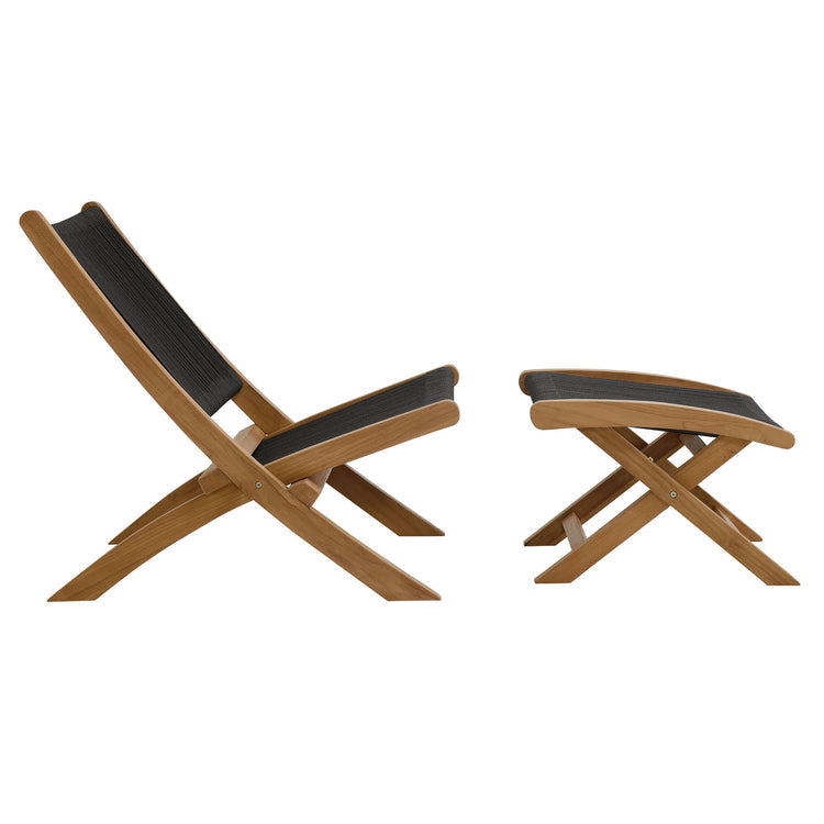 Vienna 2-Piece Outdoor Patio Teak and Rope Folding Accent Lounge Chair and Ottoman Set - Natural Black