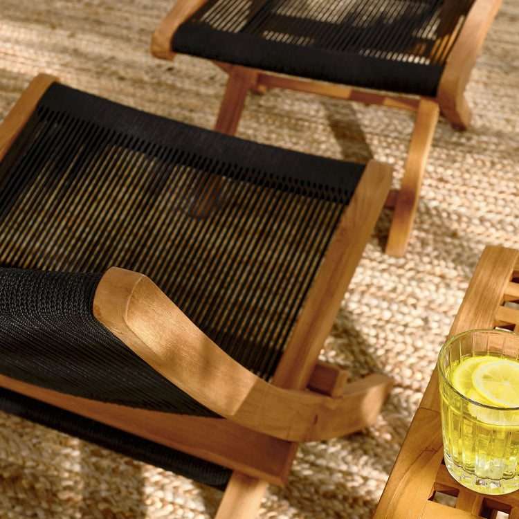 Vienna 2-Piece Outdoor Patio Teak and Rope Folding Accent Lounge Chair and Ottoman Set - Natural Black