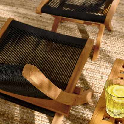 Vienna 2-Piece Outdoor Patio Teak and Rope Folding Accent Lounge Chair and Ottoman Set - Natural Black