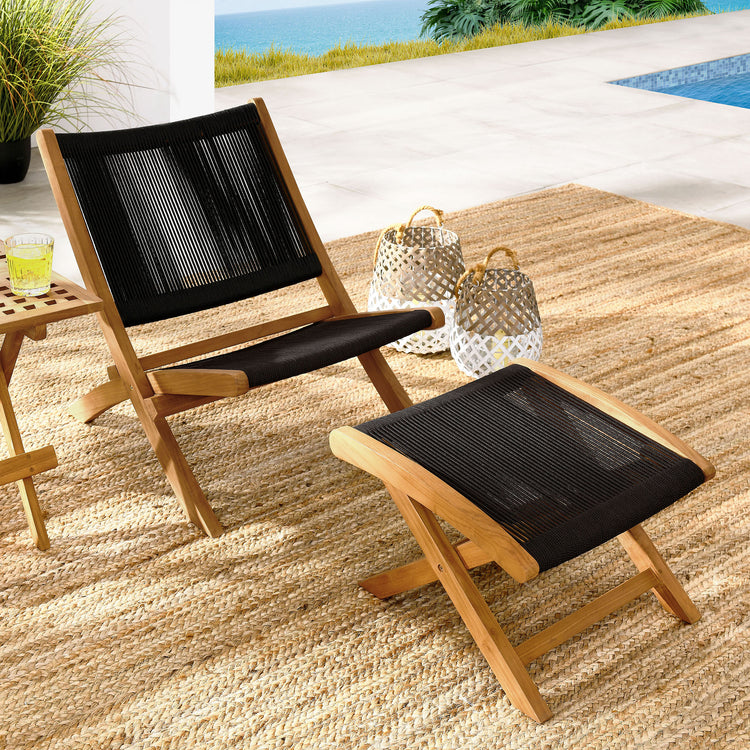 Vienna 2-Piece Outdoor Patio Teak and Rope Folding Accent Lounge Chair and Ottoman Set - Natural Black