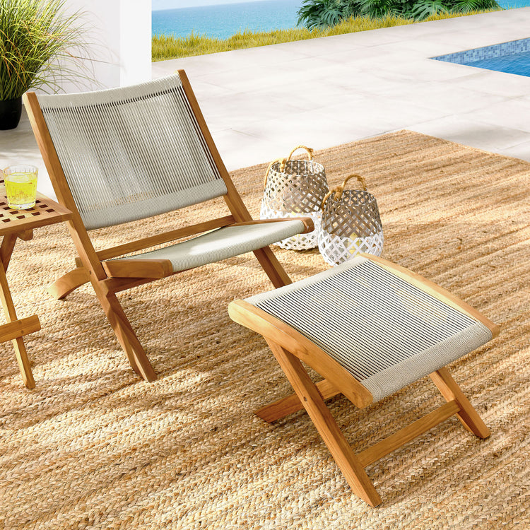 Vienna 2-Piece Outdoor Patio Teak and Rope Folding Accent Lounge Chair and Ottoman Set - Natural Natural