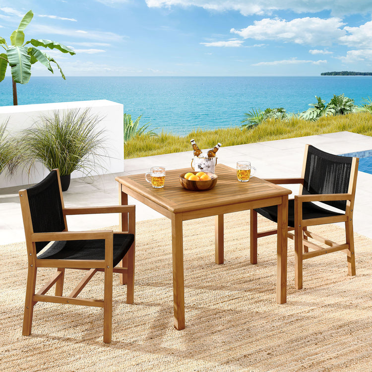 Vienna 3-Piece Outdoor Patio Teak and Rope Dining Set with Armchairs - Natural Black