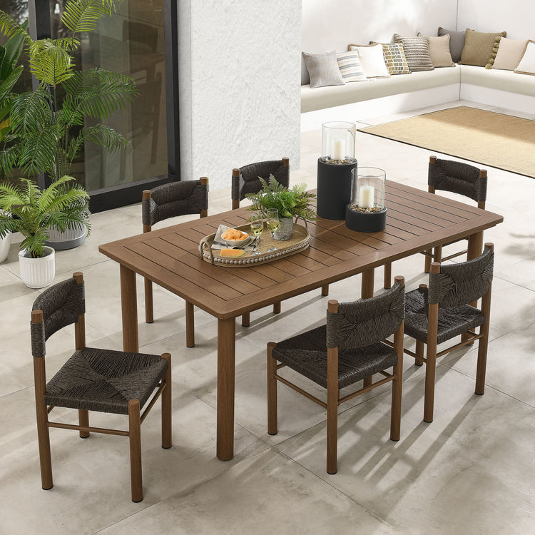 Parkland 7-Piece Rectangular Outdoor Patio Rattan and Aluminum Dining Table and Chairs Set - Walnut
