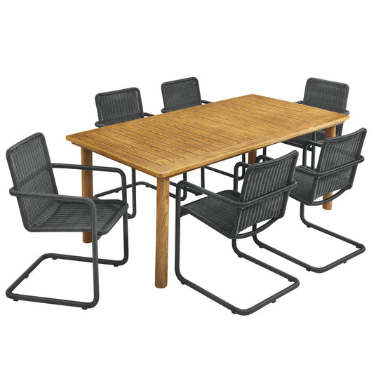 Abacus 7-Piece Rectangular Outdoor Patio Aluminum Dining Table Set with Rattan Armchairs - Slate Natural