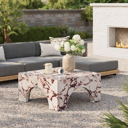 Valen Indoor - Outdoor Patio Arched Concrete Coffee Table - Red Marble