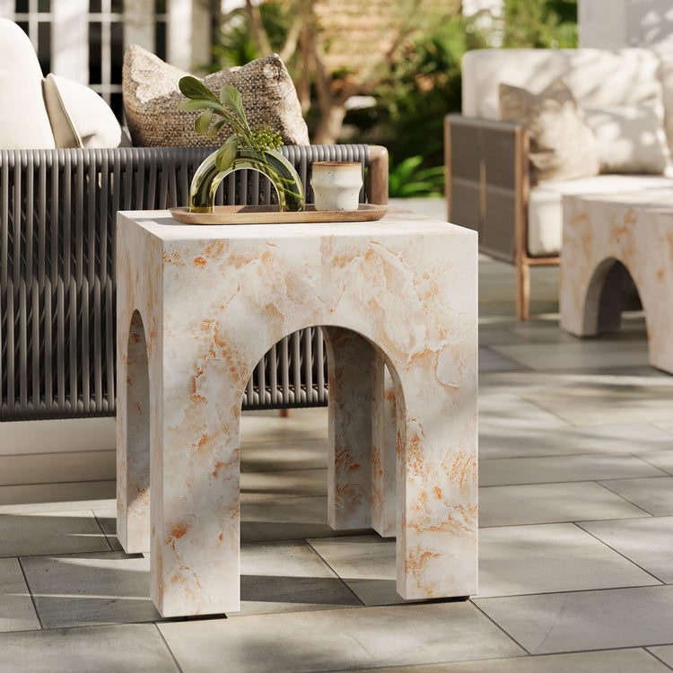Valen Square Indoor - Outdoor Patio Arched Concrete Side Table - Honey Onyx