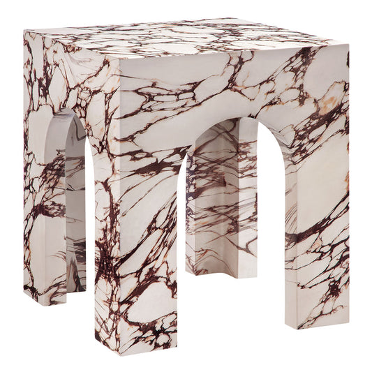 Valen Square Indoor - Outdoor Patio Arched Concrete Side Table - Red Marble