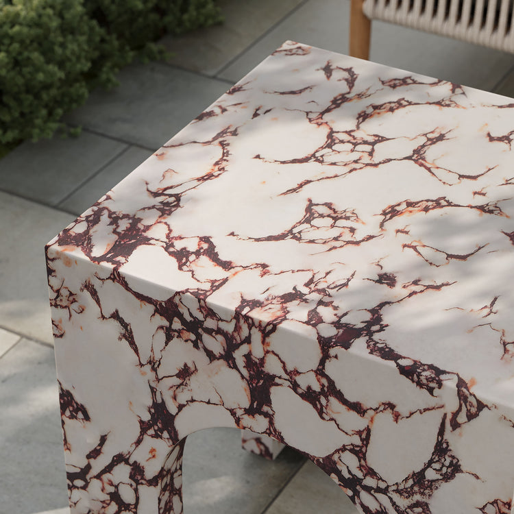 Valen Square Indoor - Outdoor Patio Arched Concrete Side Table - Red Marble
