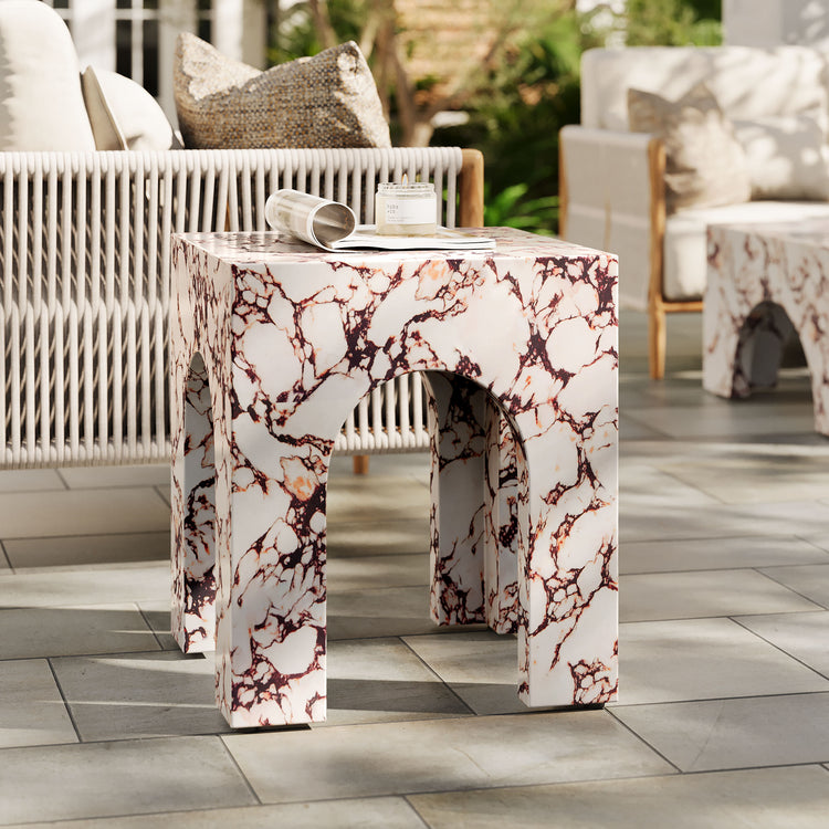 Valen Square Indoor - Outdoor Patio Arched Concrete Side Table - Red Marble