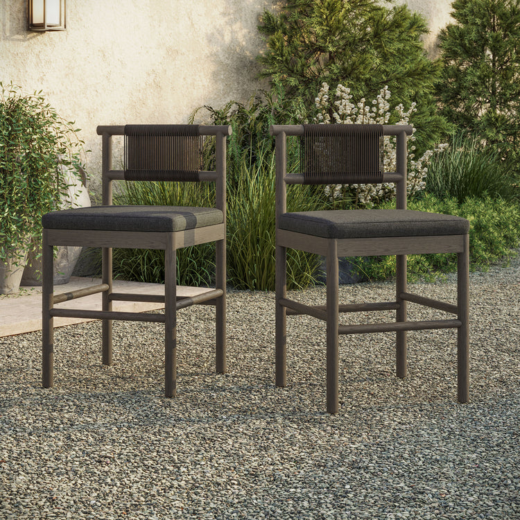 Eleni Outdoor Teak Wood Counter Stools Set of 2 - Weathered Gray Flint